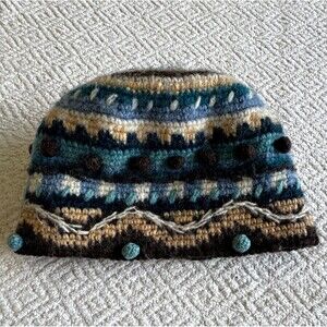 NEWARI Handmade Knit Wool Fair Isle Beanie Hat Lined Pom-Pom One Size Women